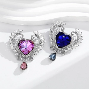 Exquisite heart brooches with purple and blue crystals and elegant teardrop pendants