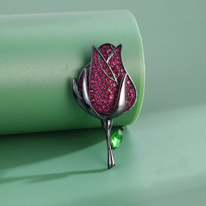 Broche Rose en Alliage Élégante Vintage pour Femmes Luxe Strass Fuchsia Fleur Broche de Poitrine Rétro pour Costume Manteau Mariage Bijoux