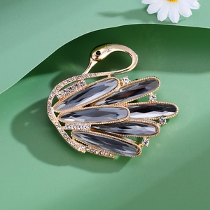 Elegant gold swan brooch with grey gemstones and white rhinestones for women jackets