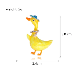 Cute yellow duck enamel brooch with blue hat and crystal collar, 3.8 cm tall pin