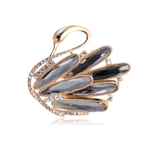 Elegant gold crystal swan brooch with grey gemstones and rhinestones for women's jackets
