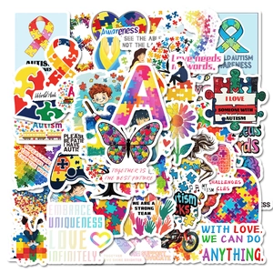 Detailed view of colorful waterproof autism awareness stickers with puzzle and heart motifs