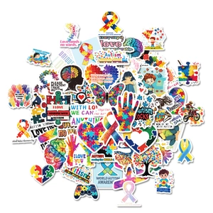 50pcs colorful autism awareness waterproof stickers set with puzzle heart and brain designs