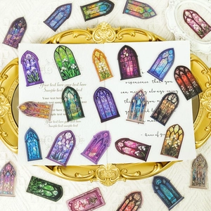 Gothic cathedral stained glass PET stickers on a vintage tray for scrapbooking