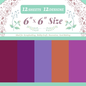 Infographic showing 12 sheets of 6x6 inch purple scrapbooking paper for DIY crafts