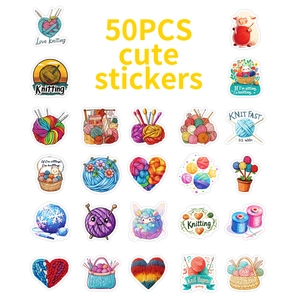 Set of 50 waterproof crochet themed stickers featuring yarn balls and knitting patterns