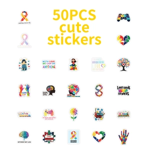50pcs waterproof autism awareness stickers with colorful puzzle pieces and heart designs