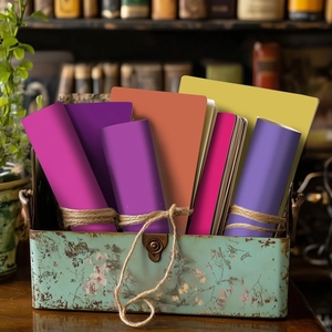 Retro floral metal tin box with purple stationery paper and twine for DIY journaling