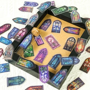 Gothic cathedral stained glass PET stickers showing floral and castle patterns