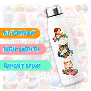 Close-up of waterproof cartoon cat and girl stickers applied to a white water bottle