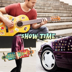 Artistic sticker pack showing creative application on guitar, skateboard and car surfaces