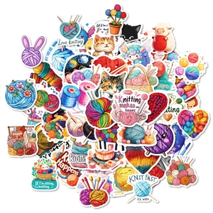 50pcs waterproof knitting graffiti stickers featuring colorful yarn balls and cute cats