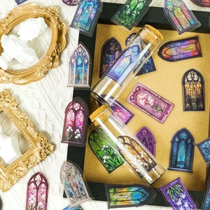 50 Gothic stained glass PET stickers with transparent window designs in glass vials
