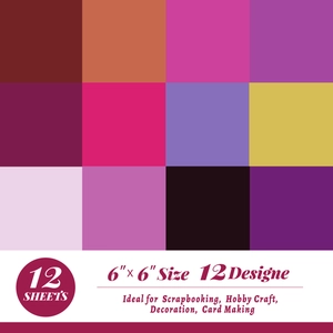 Macro view of 12 assorted purple 6x6 inch scrapbook paper designs for DIY crafts