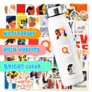 Waterproof Matisse style art stickers shown decorating a white stainless steel water bottle