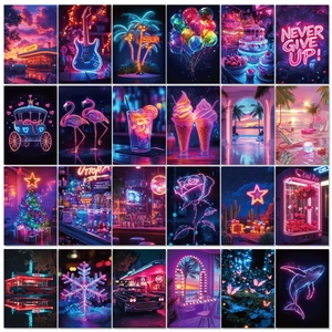 Detail view of 24 unique neon style aesthetic cards with purple and blue dreamlike colors