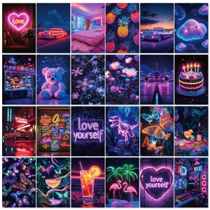 50pcs aesthetic dream purple wall collage kit with neon art prints for room decoration