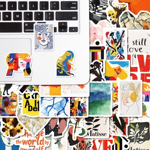 Detailed view of colorful aesthetic art stickers with Matisse style and motivational quotes