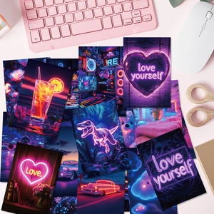 Flat lay of 50 purple neon aesthetic wall decor cards with various trendy designs