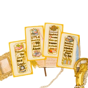 Set of 4 inspirational metal bookmarks with vibrant tassels and colorful illustrations