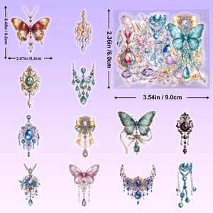 Detailed view of colorful butterfly and jewelry PET stickers with precise measurements