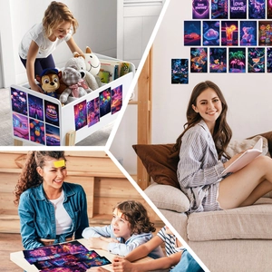 50-piece set of dreamy purple neon wall decor cards with aesthetic cyberpunk art prints