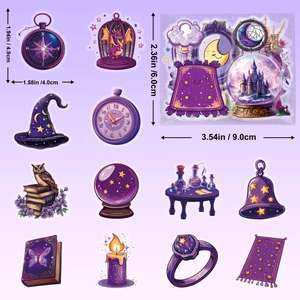 Paarse Gothic Night PET-stickerset met toenaarshoed, uil en magische boekpatronen