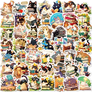 Pegatinas De Gato De Dibujos Animados Leyendo Libro PVC Impermeable Calcomanías Decorativas Para Laptop Guitarra Maleta Scrapbooking