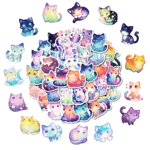 Macro view of cute cartoon galaxy cat stickers set with colorful dreamlike starry sky patterns