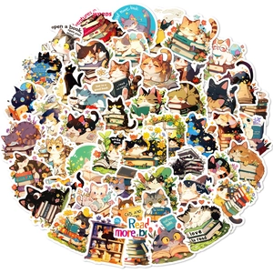 Pack de 50 pegatinas de gatos leyendo para decorar guitarras, portátiles y maletas DIY