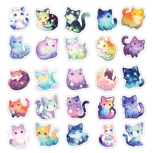 Flat lay of 25 unique starry sky cat stickers with pastel gradient colors and white outlines