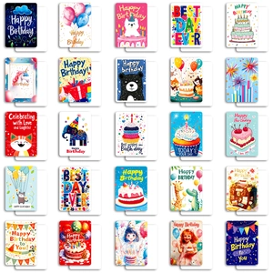 Set of 25 colorful cartoon happy birthday greeting cards with cute diverse illustrations
