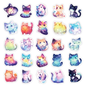 Flat lay of 25 cute galaxy cat stickers with dreamlike star patterns and die-cut edges