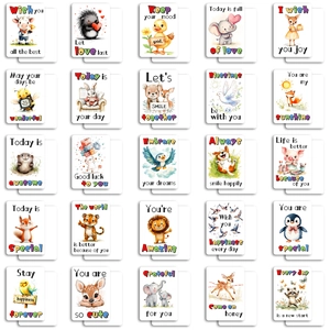 Detailed grid of 25 watercolor animal cards with inspirational English quotes