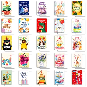 Detailed grid view of assorted cartoon birthday cards with various animal and cake designs