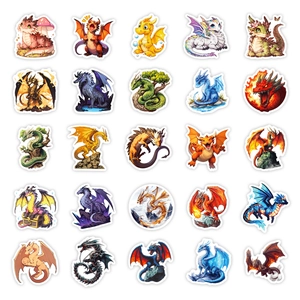Lot détaillé de 25 autocollants de dragons à l'aquarelle avec bords découpés