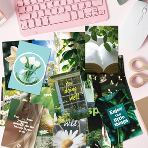 Set di 50 cartoline estetiche verdi con fiori e motivi naturali per collage da parete