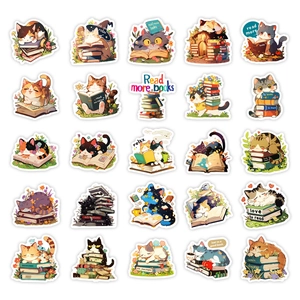 Detalle de 25 pegatinas de gatos y libros con diseños impermeables dibujados a mano