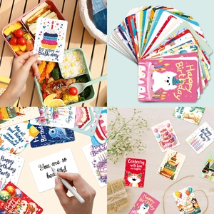 50-piece set of assorted cartoon birthday cards with cute animal and cake illustrations