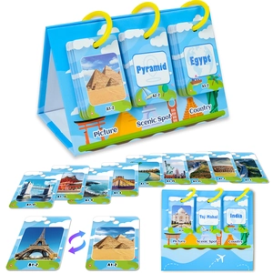 Detail of world landmarks educational flip cards with blue stand and yellow rings