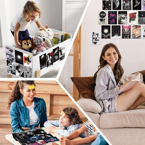 Collage mit ästhetischen Postkarten als Wandaufkleber und Möbeldekoration im Zimmer