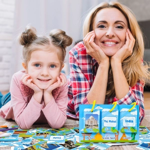 Close-up of children's 3D educational world landmark cards with interactive flip-up stand