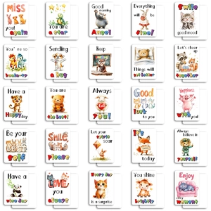 Detailed grid view of 25 cute cartoon animal lunch box cards with motivational English phrases