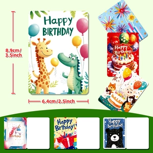 Detail view of cartoon birthday cards with dimensions 8.9x6.4cm and colorful animal designs