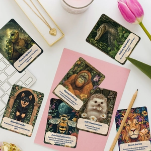 Flatlay von Vintage Tier-Enzyklopädie-Karten mit inspirierenden Zitaten auf Tisch