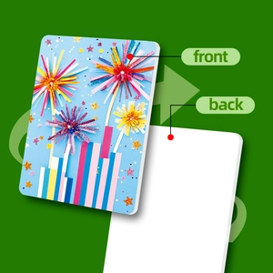 Macro detail of cartoon birthday card featuring 3D fireworks with a blank back for writing