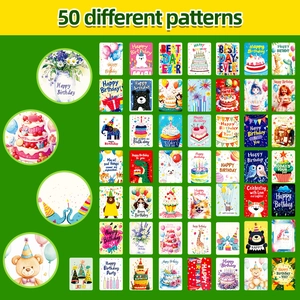 Detailed matrix view of 50 varied cartoon birthday cards with animals and cake patterns