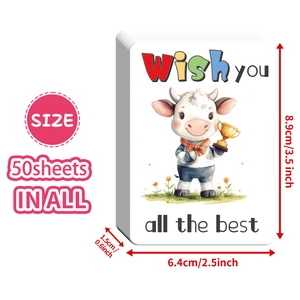 50-pack cute animal cartoon greeting cards with cow illustration and best wishes text