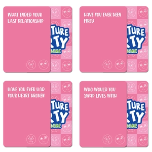 Detail of pink party game cards with conversation starters for adults and social gatherings