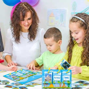 Educational 3-tier geography cards with world landmarks for kids parent-child interaction